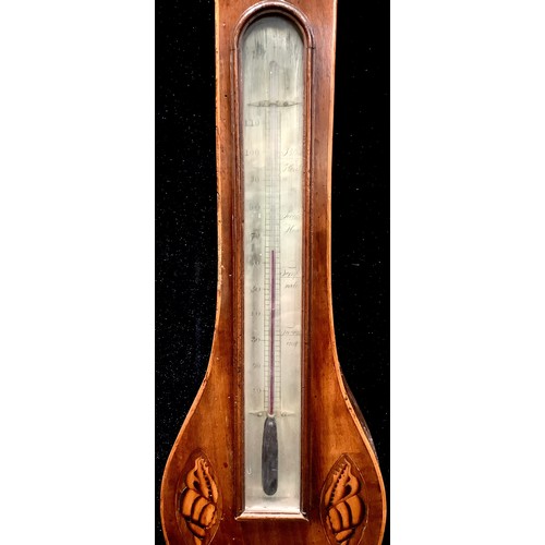 556 - A 19th century mahogany and marquetry wheel barometer, silvered register inscribed, F. Donegan, Leic... 