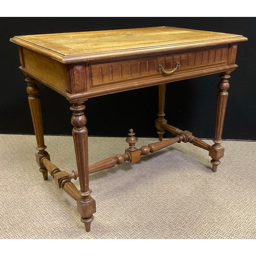 56 - An early 20th century French Provincial style walnut side table / Lowboy, over-sailing top with moul... 