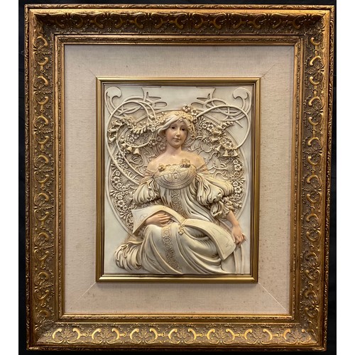 68 - A 20th century wall plaque in the Art Nouveau style, ‘Bringer of Spring’, resin, gilt frame, 72.5cm ... 