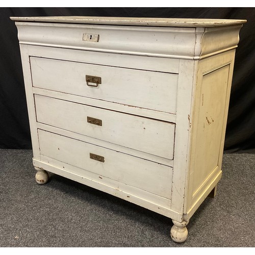 78 - An early 20th century French painted oak chest, over-sailing top, long shallow drawer to frieze, abo... 