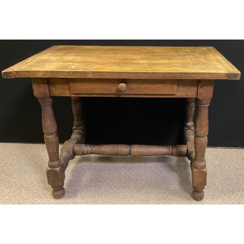 79 - An early 20th century french oak side table, single shallow drawer to frieze, turned supports and st... 