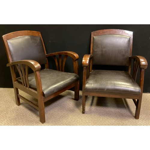 87 - A pair of art deco style, stained elm armchairs, dark brown faux leather backs and seats, 81cm tall ... 