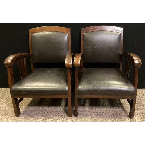 87 - A pair of art deco style, stained elm armchairs, dark brown faux leather backs and seats, 81cm tall ... 