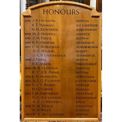 93 - A mid 20th century oak school honours board, from Stancliffe Hall school, Darley Dale, 124.5cm x 83c... 