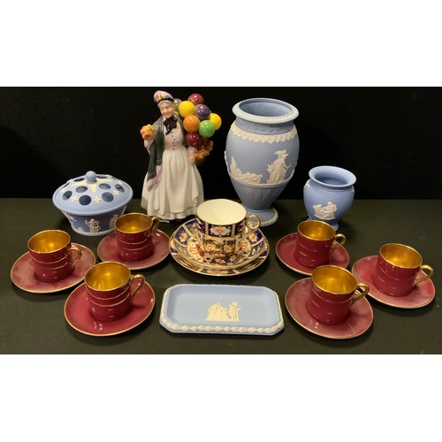 100 - Ceramics - A Wedgwood powder blue jasperware vase,  pot pourri etc;  Royal Doulton figure, Biddy Pen... 