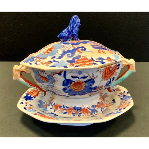 104 - A 19th century Masons Ironstone octagonal covered tureen and stand, Lion finial, serpent handles, 23... 