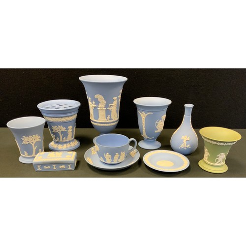 139 - Wedgwood - a powder blue jasperware vase, others, bowl, trinket dish etc