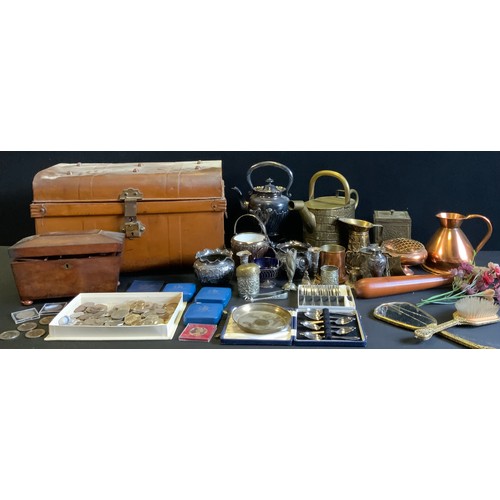 183 - Boxes & Objects - a turned wooden truncheon;  silver plated spirit kettle on stand;  brass watering ... 