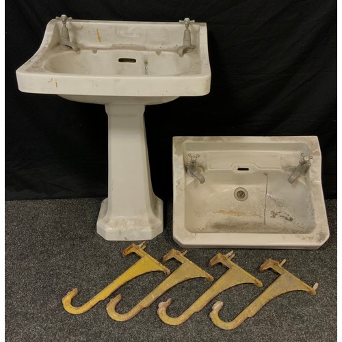 260 - Architectural salvage - an early 20th century two tap full pedestal basin sink by ‘Shanks’, 87cm tal... 