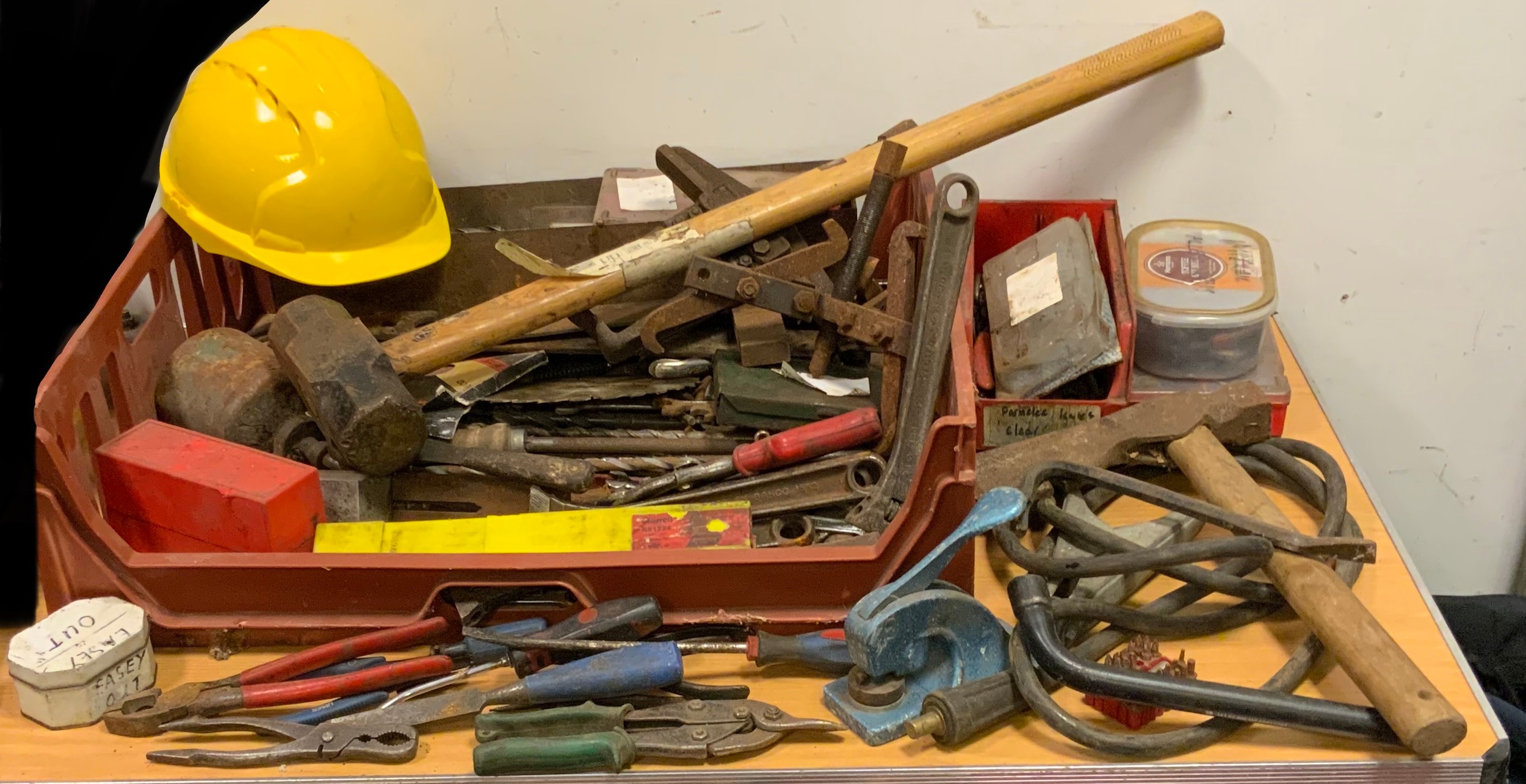 Tools assorted hand tools, metal work, drill bits sledge hammer