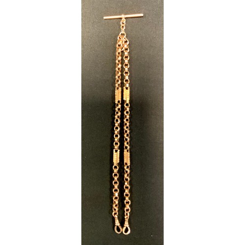 404 - A fancy link gold coloured metal double Albert chain, T bar terminal, 38cm long, stamped 9ct, 17.1g