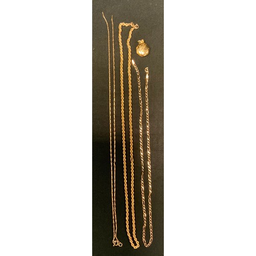 405 - A 9ct gold rope twist necklace, 50cm long,  others broken;  a 9ct golf locket, 10g gross