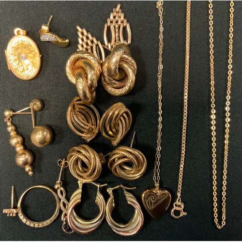 414 - Jewellery- a pair of 9ct gold twisting earrings;  others;  9ct gold oval locket;  9ct gold heart pen... 