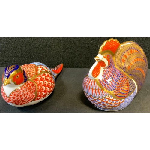 12 - A Royal Crown Derby Paperweight, Pheasant, another Cockerel, both gold stopper, both boxed (2)