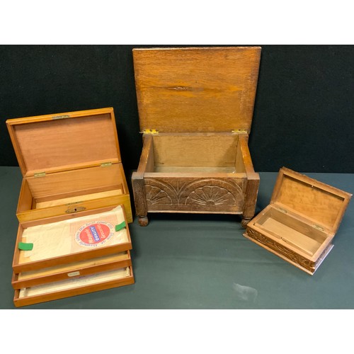 16 - Boxes and Objects - an early 20th century collector's box with three lift out trays;  a carved oak s... 