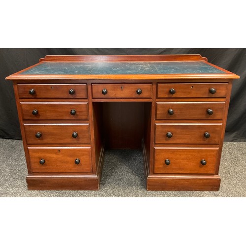 23 - A late Victorian mahogany knee-hole desk, blue leather inset top, small central drawer to frieze abo... 