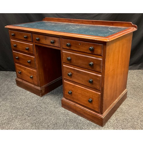 23 - A late Victorian mahogany knee-hole desk, blue leather inset top, small central drawer to frieze abo... 