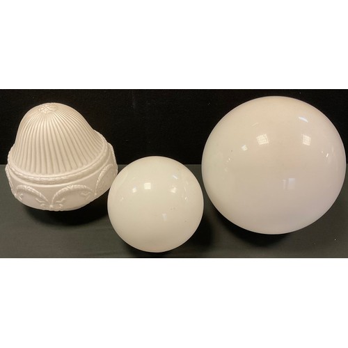 24 - Lighting - A mid 20th century large globular milk glass ceiling light shade, 28cm diameter, and anot... 