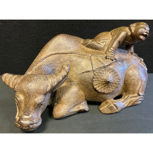 29 - Chinese hardwood carving - Boy on a Water Buffalo, 29cm wide, late 19th century.