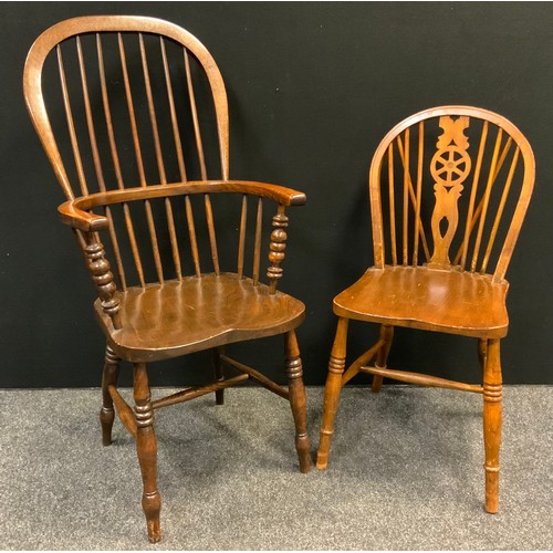 60 - A Victorian ash and elm high-back Windsor chair, turned supports, H-stretcher, c.1880;  a spindle-ba... 