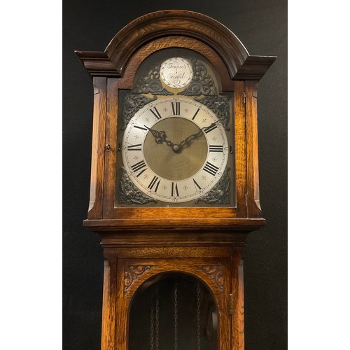 67 - A George III style oak Longcase clock, Embee quarter-chiming, triple weight, 8 Day Westminster movem... 