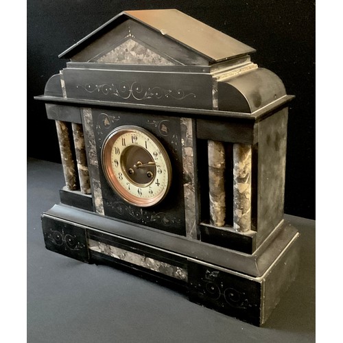 70 - A Victorian black slate noir belge mantel clock, 42cm tall x 44cm wide.