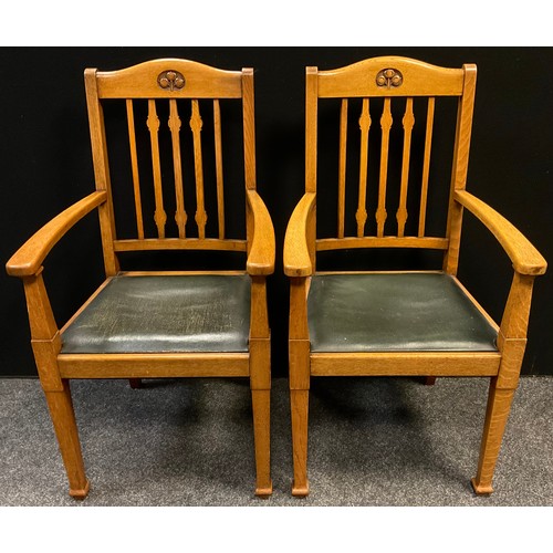 96 - A set of six Arts and Crafts style oak dining chairs, splat backs, drop-in seats, tapered square leg... 