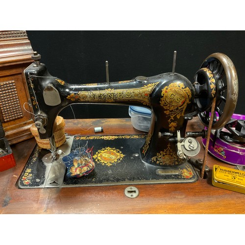 265 - A Jones Medium CS ‘type 6’ treadle sewing machine, No. 25033, c.1901, with haberdashery supplies, et... 