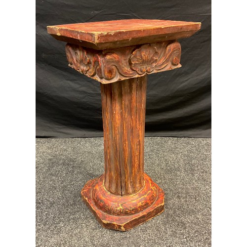 267 - A French carved wood pot stand, square top with carved frieze, columnar support, 71cm tall, 36cm x 3... 