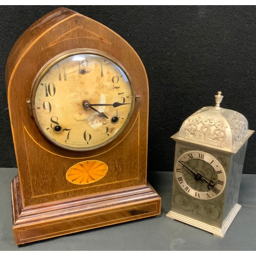 292 - L Gilbert Edwardian Lancet Mantel clock, twin holes, inlaid motif, 32cm tall; other (2)