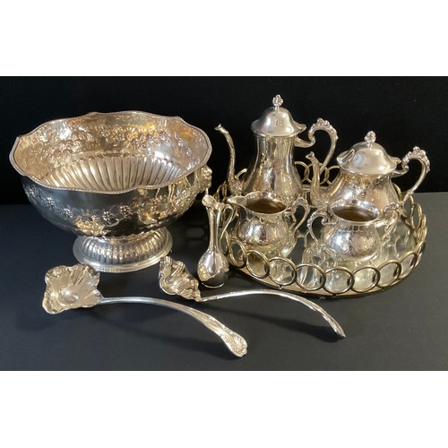 300 - Plated Ware - an EPNS punch bowl, embossed with flowers and foliage, 31cm diam;  two ladles;  four p... 