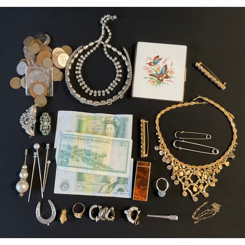 329 - Fashion Jewellery - a 9ct gold cameo ring;  earrings, brooches;  Coins and Notes