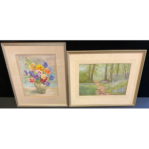 355 - Shelia Tysoe, Pansies in a Vase, signed, pastel, 33cm x 27cm;  Laura Palmer, Bluebell Wood, signed, ... 