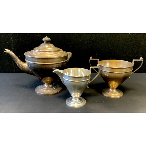 360 - A silver three piece pedestal tea service, quarter girdle, angular handles, Martin, Hall & Co (Richa... 