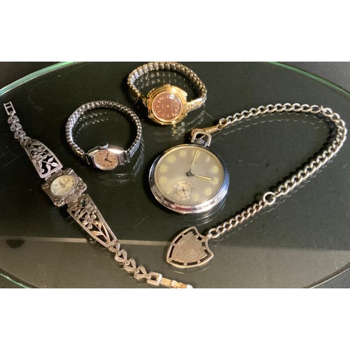 382 - Watches - a silver cased bracelet wristwatch,  silver shield medal on unmarked Albert chain fragment... 