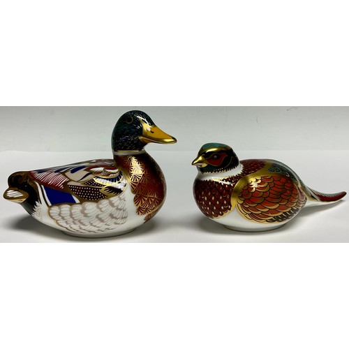 18 - A Royal Crown Derby paperweight, Woodland Pheasant, gold stopper, boxed; another, Mallard, gold stop... 