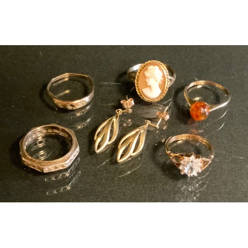 392 - Jewellery - an oval cameo ring, 9ct gold shank;  a diamond accented 9ct gold dress ring,  others;  p... 