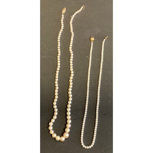 402 - A set of graduated pearls, 14ct gold clasp, 48cm long;  others, smaller, 37cm long, 18ct ball clasp