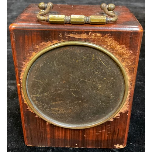 32 - A late 19th century wooden cased carriage clock, approximately 18cm high over handle