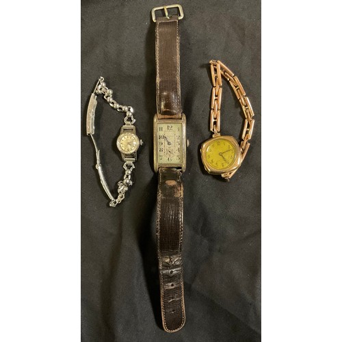 398 - Watches - a 9ct gold cased ladies bracelet wristwatch, London 1923, rolled gold strap, 19.7g gross; ... 