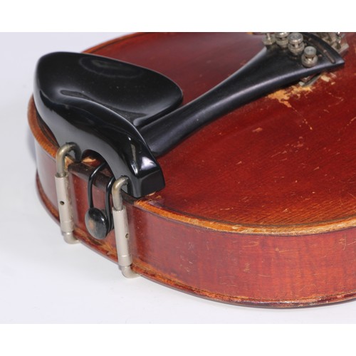 47 - A violin, the one piece back 33.75cm long excluding button, outlined throughout with purfling, Strad... 