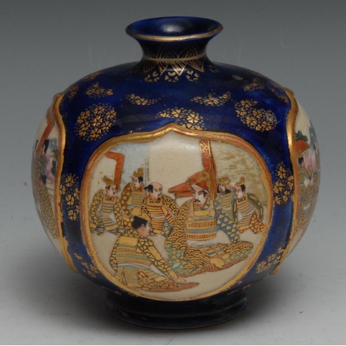 62 - A Japanese satsuma compressed globular vase, painted with alternating panels of samurai in battle, a... 