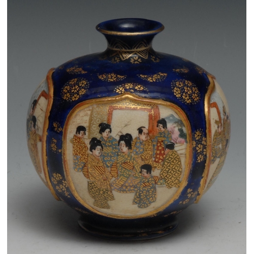 62 - A Japanese satsuma compressed globular vase, painted with alternating panels of samurai in battle, a... 