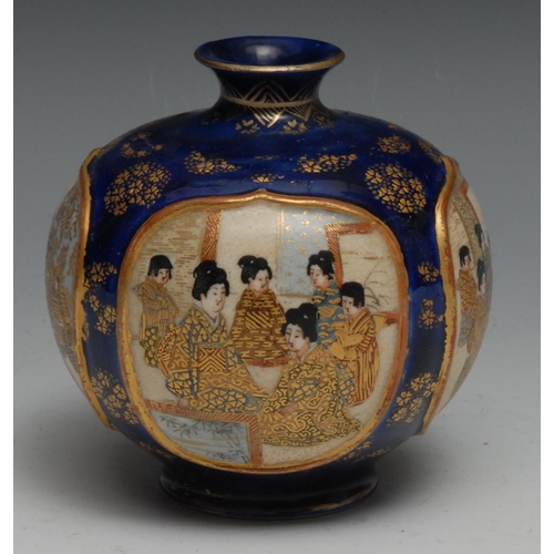 62 - A Japanese satsuma compressed globular vase, painted with alternating panels of samurai in battle, a... 