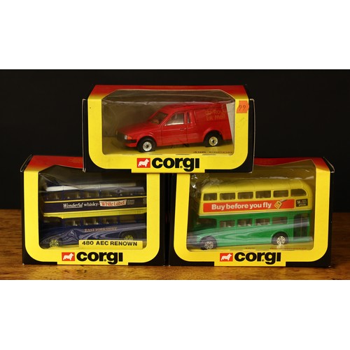 4108 - Corgi Toys 469 Routemaster bus, green and yellow body, 'Buy before you fly' decals, window boxed; Co... 