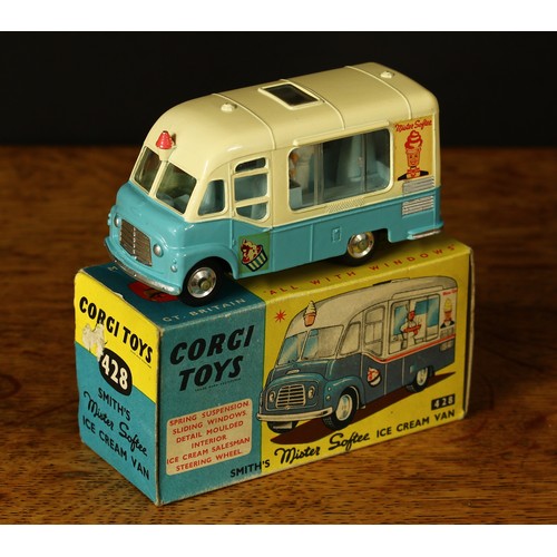 4104 - Corgi Toys 428 Smith's Mister Softee ice cream van with windows, pale blue and cream body with vario... 