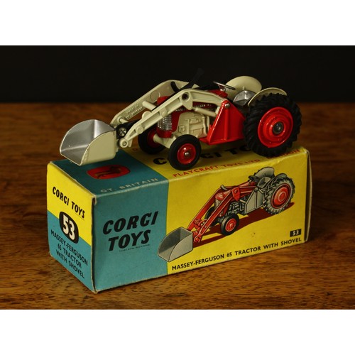 4111 - Corgi Toys 53 Massey-Ferguson 65 tractor with shovel, red/grey body with decals, red hubs, boxed