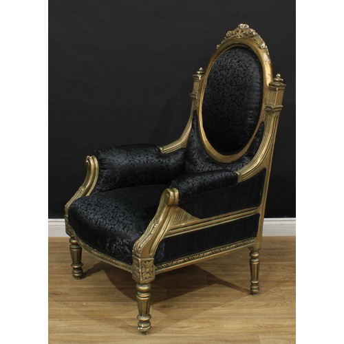 103 - A pair of bold Louis XVI design bergère à la reine or throne-form armchairs, stuffed-over upholstery... 