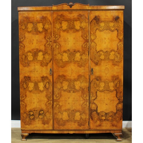 110 - An 18th century style walnut veneer bedroom suite, comprising wardrobe, 207cm high, 155cm wide, 52cm... 