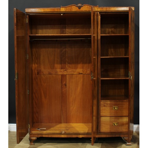 110 - An 18th century style walnut veneer bedroom suite, comprising wardrobe, 207cm high, 155cm wide, 52cm... 